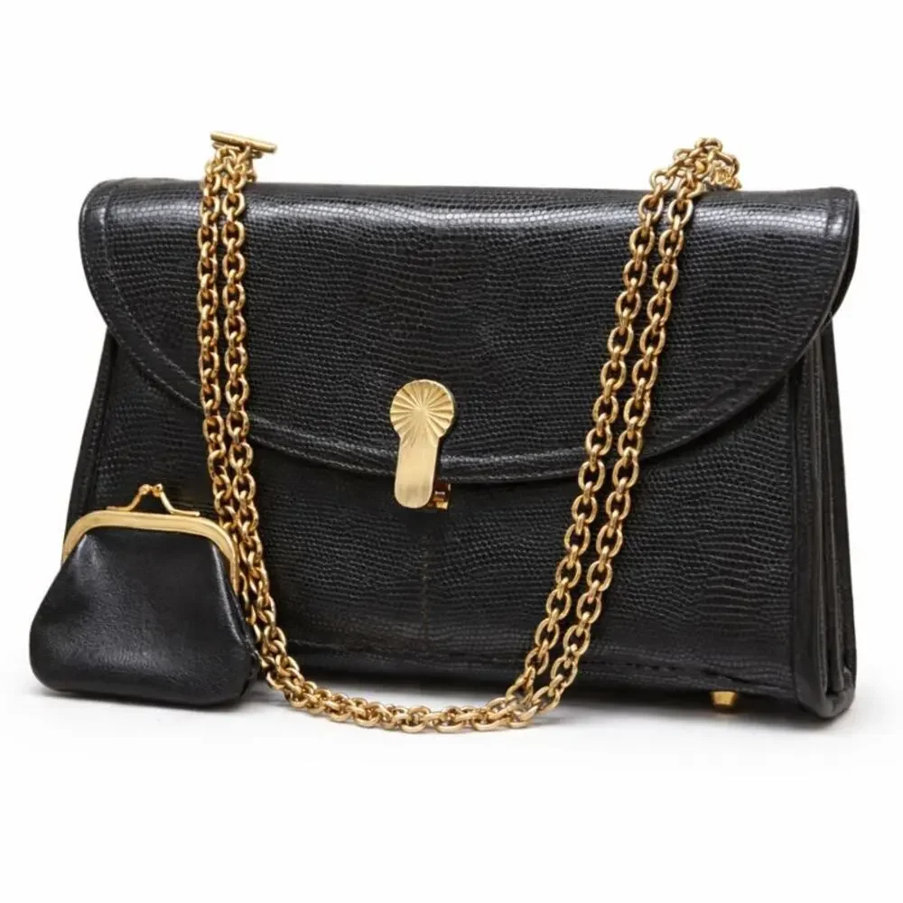 1950s Koret Black Pebble Leather Handbag | Mid-Century Chain Strap